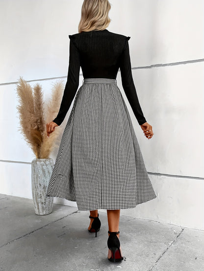 Antmvs Houndstooth Print Splicing Dress, Elegant Mock Neck Long Sleeve Dress, Women's Clothing