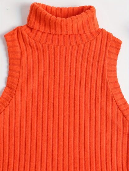 Antmvs Rib Knit High Neck Sweater Knitted Top, Sleeveless Casual Tank Top, Women's Clothing