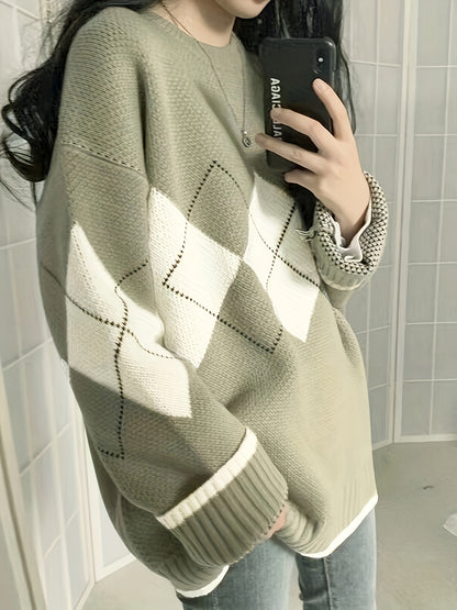 Antmvs Argyle Pattern Crew Neck Pullover Sweater, Vintage Long Sleeve Loose Sweater, Women's Clothing