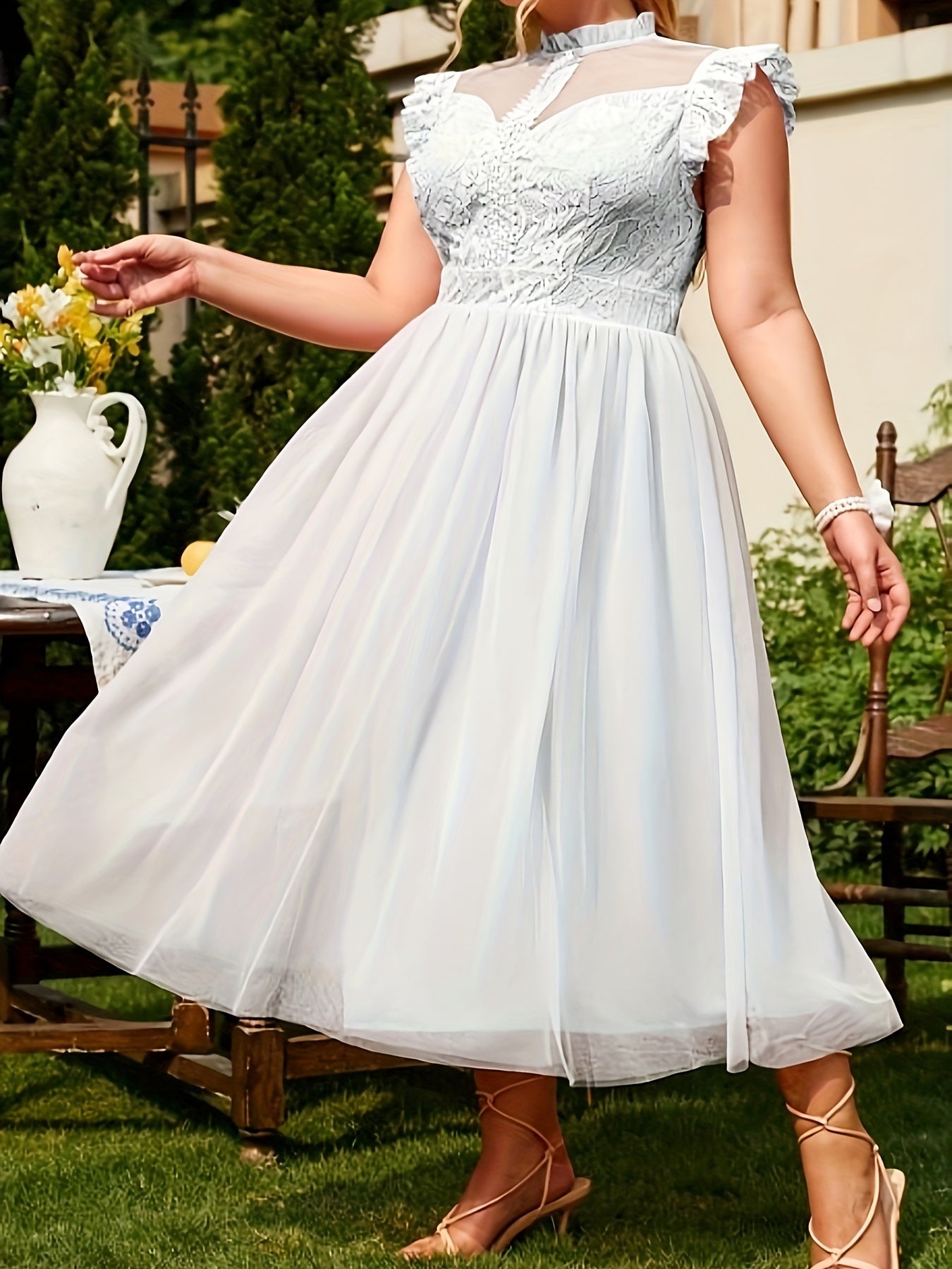 Antmvs Plus Size Elegant Bridesmaid Dress, Women's Plus Contrast Lace Ruffle Trim Mesh Overlay Formal Party Dress