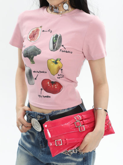 Antmvs Fruits & Veggies Love Graphic Image Print Solid Color Short Sleeve Cropped Top