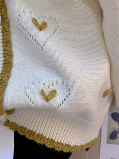 Antmvs Heart Pattern Pointelle Knit Cardigan, Vintage Button Down Long Sleeve Sweater, Women's Clothing