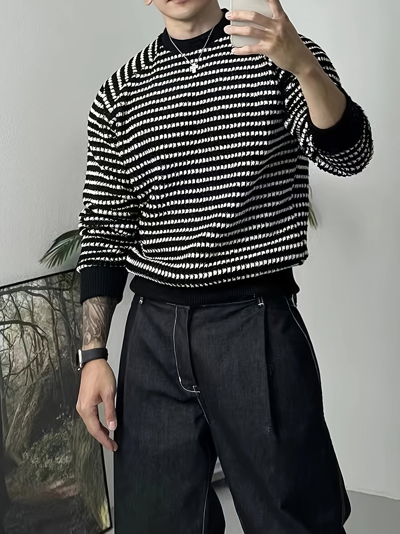 Antmvs Men's Stylish Stripe Pattern Knitted Pullover, Casual Breathable Long Sleeve Crew Neck Top For City Walk Street Hanging Outdoor Activities