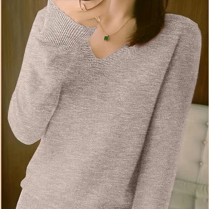 Antmvs Long Sleeve Knitted Top, V Neck Elegant Casual Top, Women's Clothing