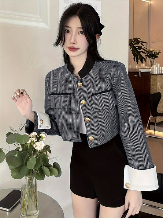 Antmvs Contrast Trim Single Breasted Jacket, Elegant Long Sleeve Stand Collar Outwear For Fall & Winter, Women's Clothing