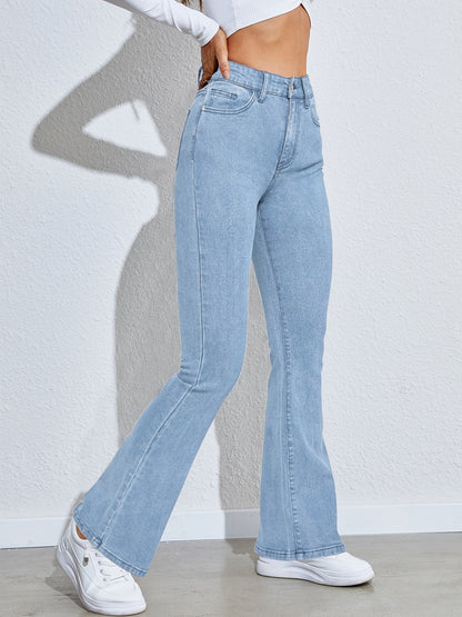 Antmvs High Waist High Strech Light Blue Bootcut Jeans, Zipper Button Closure Flare Leg Causal Denim Pants, Women's Denim Jeans & Clothing