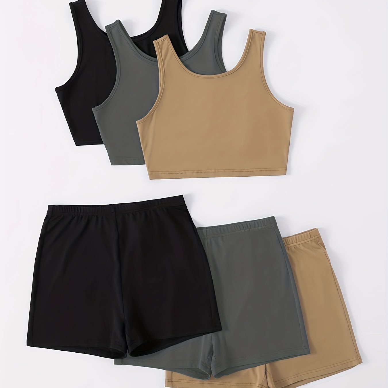 Antmvs 3sets Two-Piece Lounge Outfits, 3 Crop Tank Top + 3 Shorts, Matching Loungewear Sets, Women's Clothing