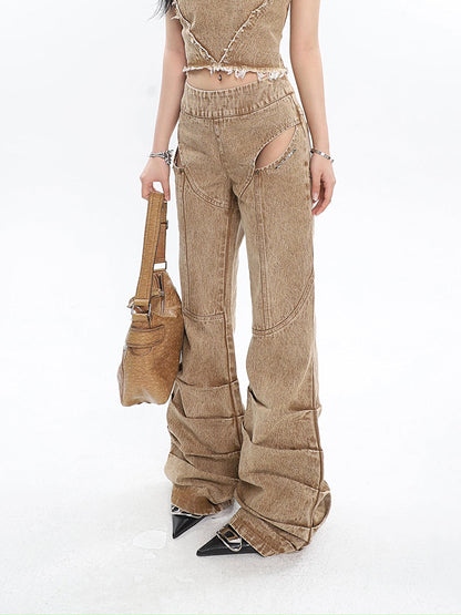 Antmvs Giana Brown Washed Heart Shape Old Vintage Denim Tank Top + Pleated Flared Pants Matching Set