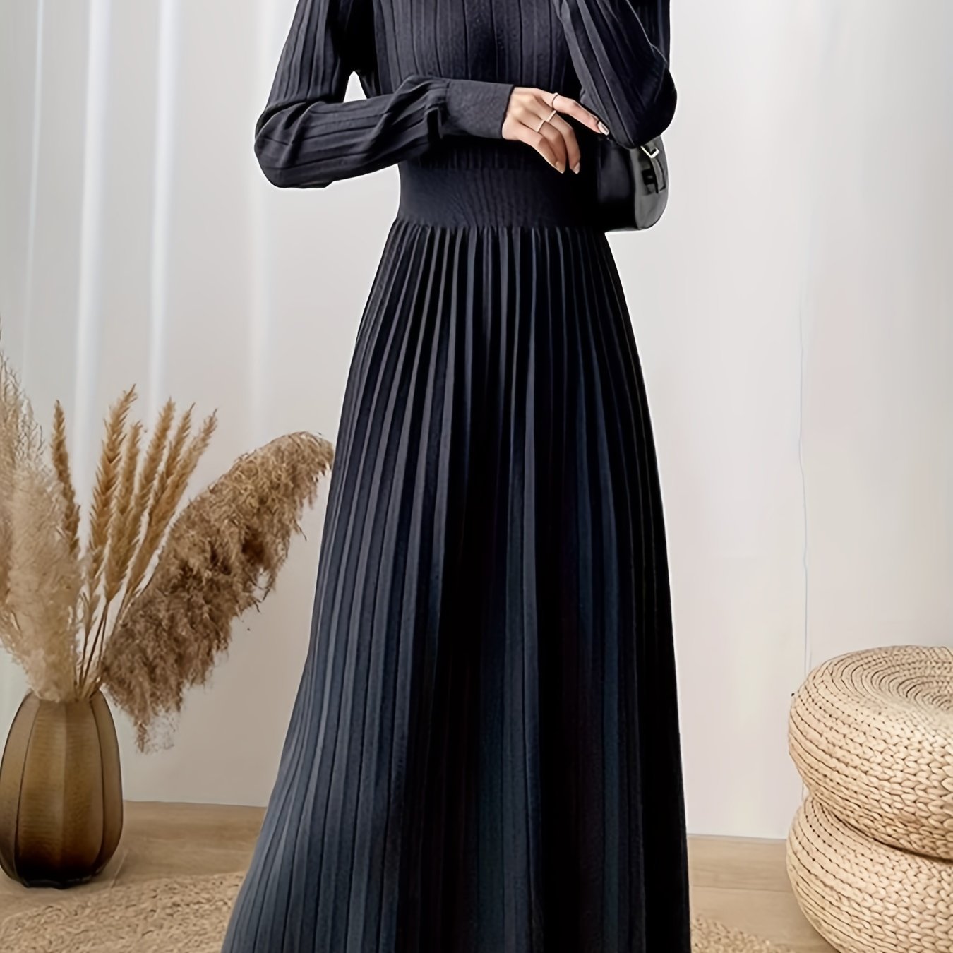 Antmvs Solid Pleated Midi Dress, Elegant Mock Neck Long Sleeve Dress, Women's Clothing