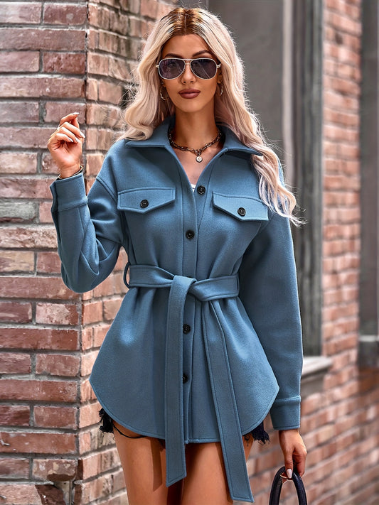 Antmvs Plus Size Casual Winter Coat, Women's Plus Solid Woolen Button Up Long Sleeve Lapel Collar Round Hem Coat With Belt