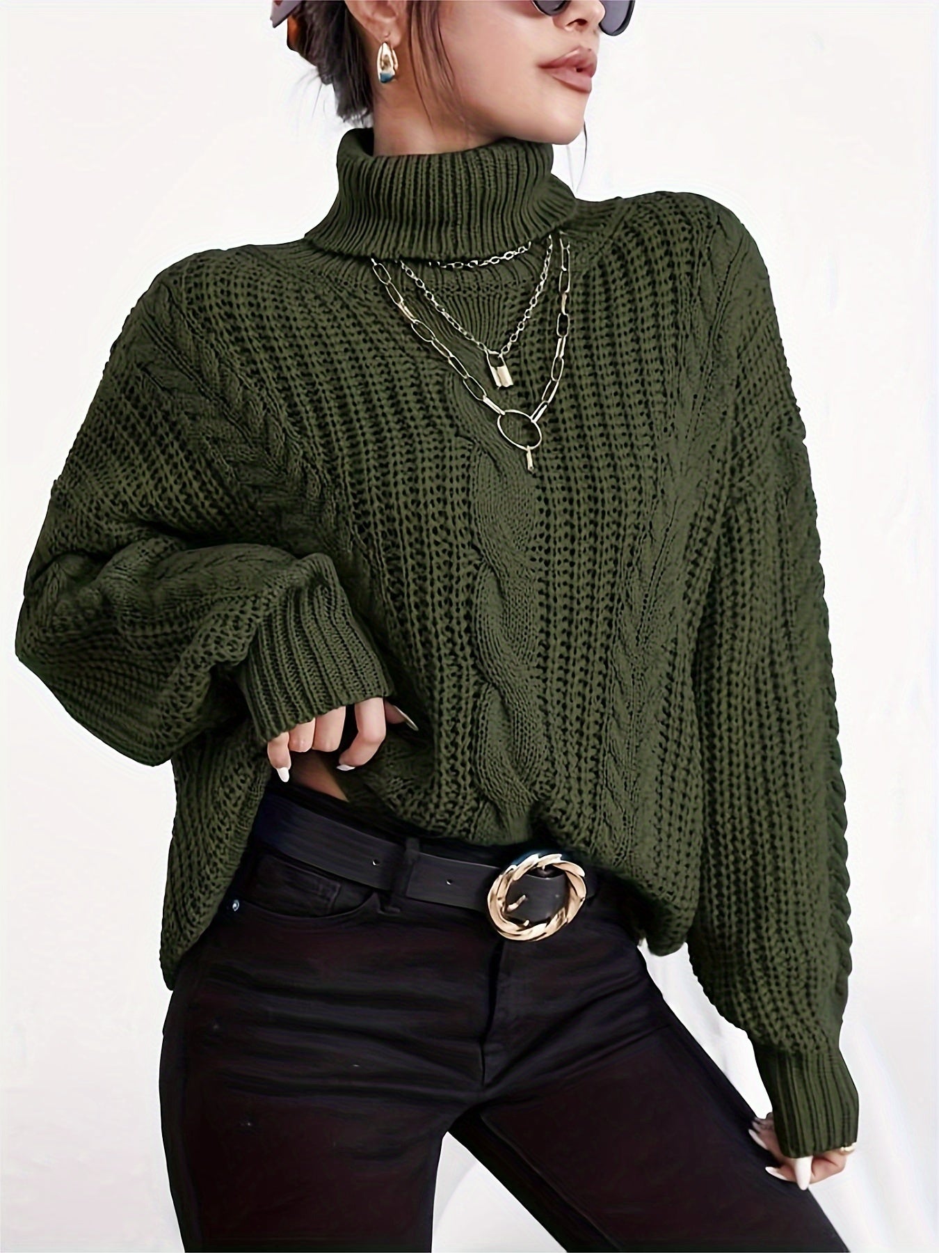 Antmvs Cable Knitted Turtle Neck Sweater, Casual Long Sleeve Sweater For Fall & Winter, Women's Clothing