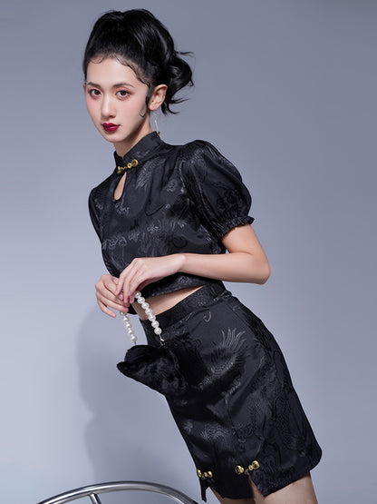 Antmvs Chinese Dragon Jacquard Cheongsam Suit, Short Sleeve Crop Top & High Waist Skirt, Women's Clothing