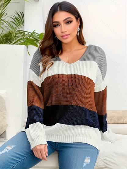 Antmvs Plus Size Casual Sweater, Women's Plus Colorblock V Neck Long Sleeve High Stretch Sweater