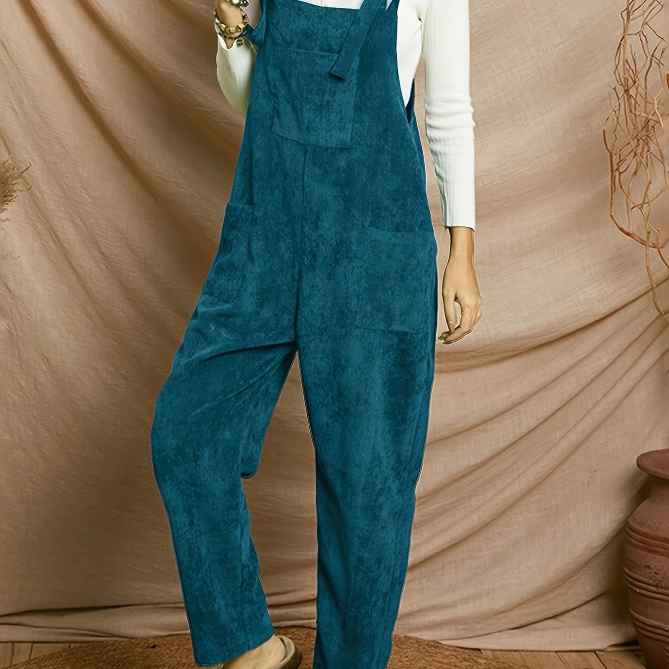 Antmvs Solid Corduroy Overall Jumpsuit, Casual Patched Pockets Overall Jumpsuit For Spring & Fall, Women's Clothing