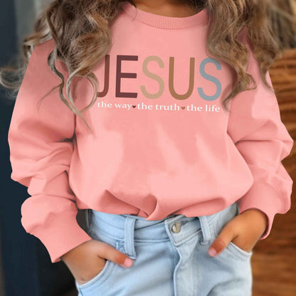 Vibrant Jesus Graphic Sweatshirt - Soft Crew Neck, Casual Sporty Style, Outdoor Wear, Gift Idea for Girls, Kids' Clothing, Relaxed Fit, Comfortable Fabric