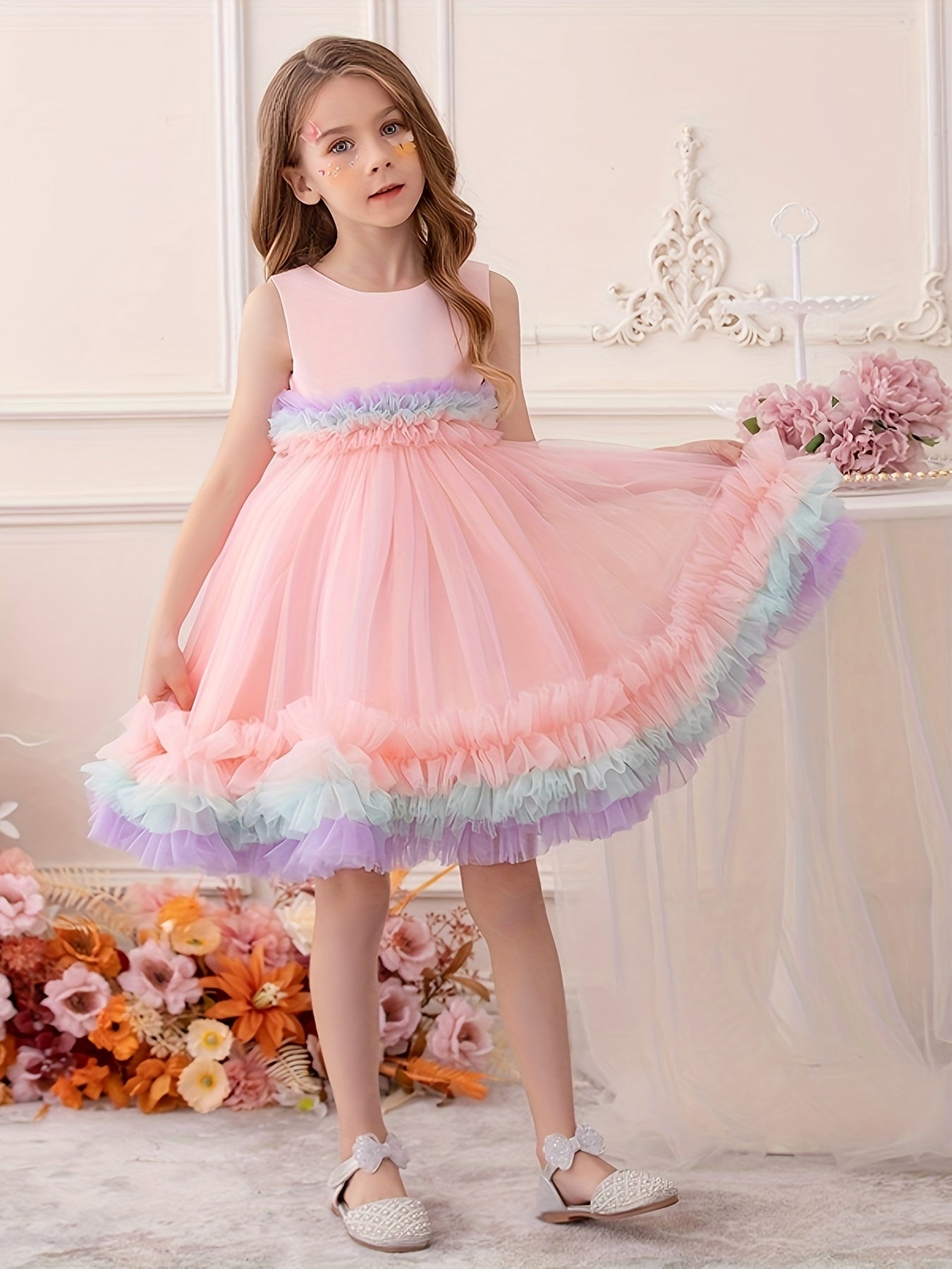 Toddler Girl Rainbow Colorful Gauze Sleeveless Puffy Princess Dress, Kids Party Catwalk Piano Performance Formal Dress