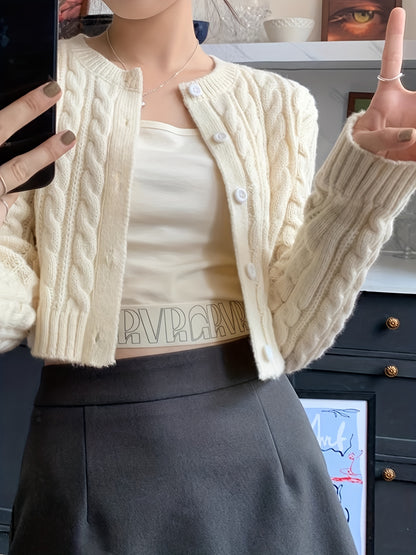 Antmvs Solid Button Up Cable Knit Cardigan, Casual Long Sleeve Crop Sweater, Women's Clothing