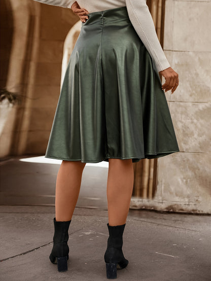Antmvs Faux Leather Button Front Skirt, Elegant Ruffle Hem Midi Skirt With Pocket, Women's Clothing