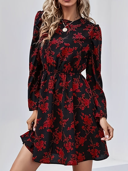 Antmvs Floral Print Keyhole Dress, Elegant Crew Neck Long Sleeve Dress, Women's Clothing