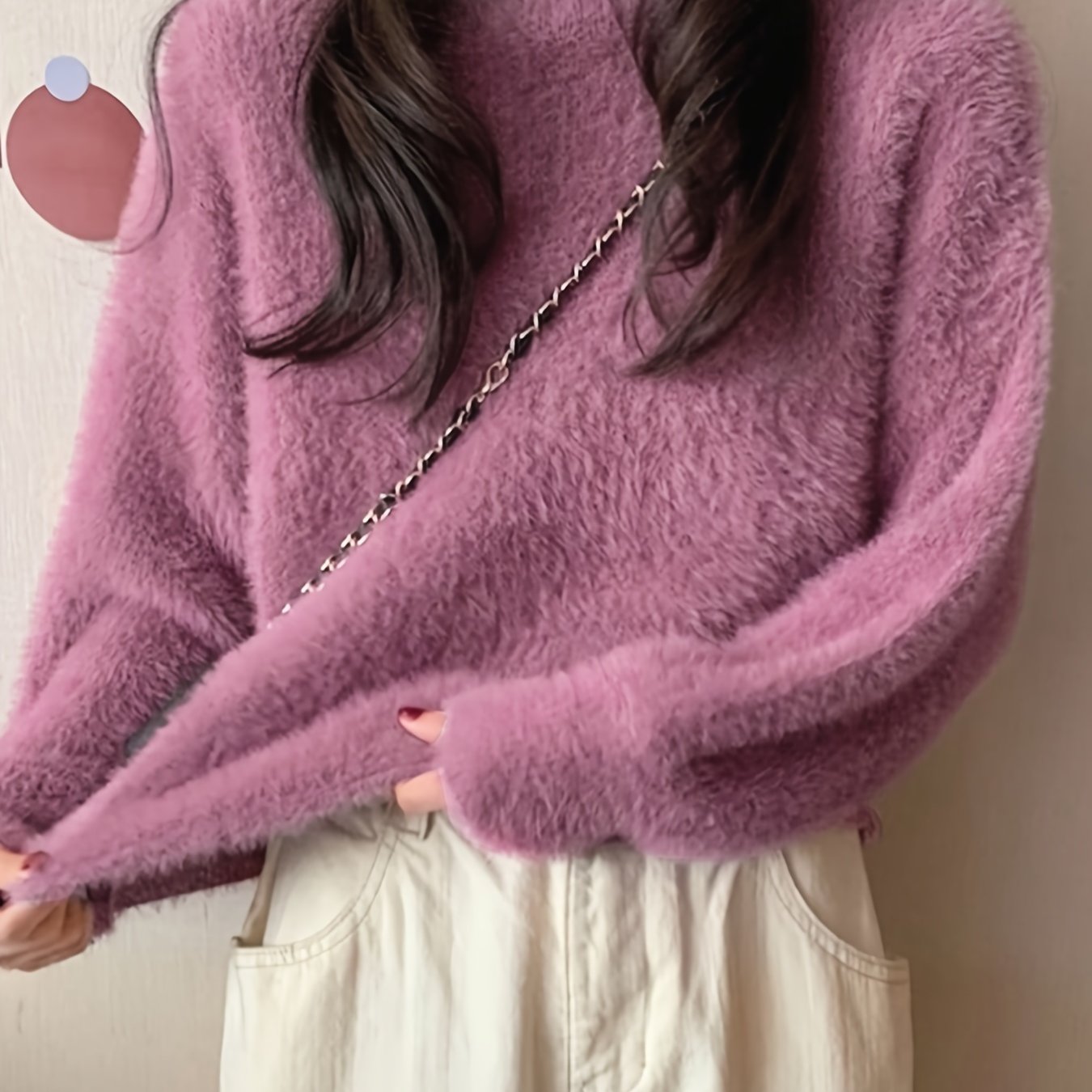 Antmvs Solid Mock Neck Plush Pullover Sweater, Casual Ong Sleeve Cozy Sweater, Women's Clothing