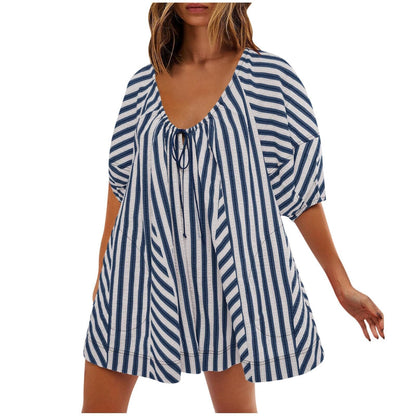 Antmvs -  Womens Striped Romper Casual Loose Puff Sleeve Wide Leg Jumpsuit Overall with Pockets