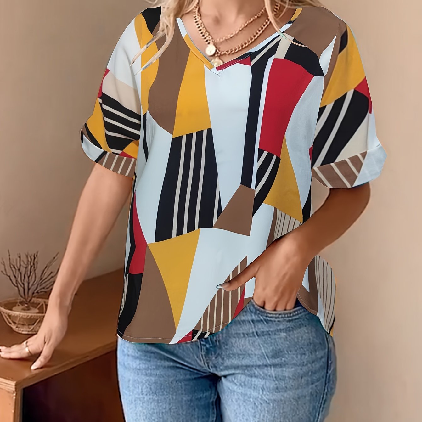 Antmvs  Abstract Print V Neck Blouse, Casual Short Sleeve Blouse For Spring & Summer, Women's Clothing