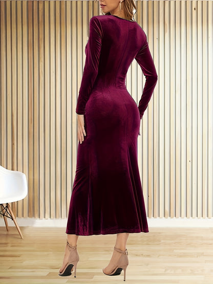 Antmvs Solid Bodycon Midi Dress, Elegant V Neck Long Sleeve Dress, Women's Clothing