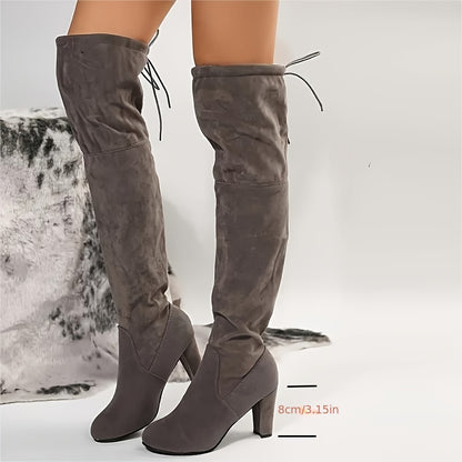 Women's Solid Color Block Heeled Boots, Fashion Slip On Over The Knee Boots, Stylish Dress Boots