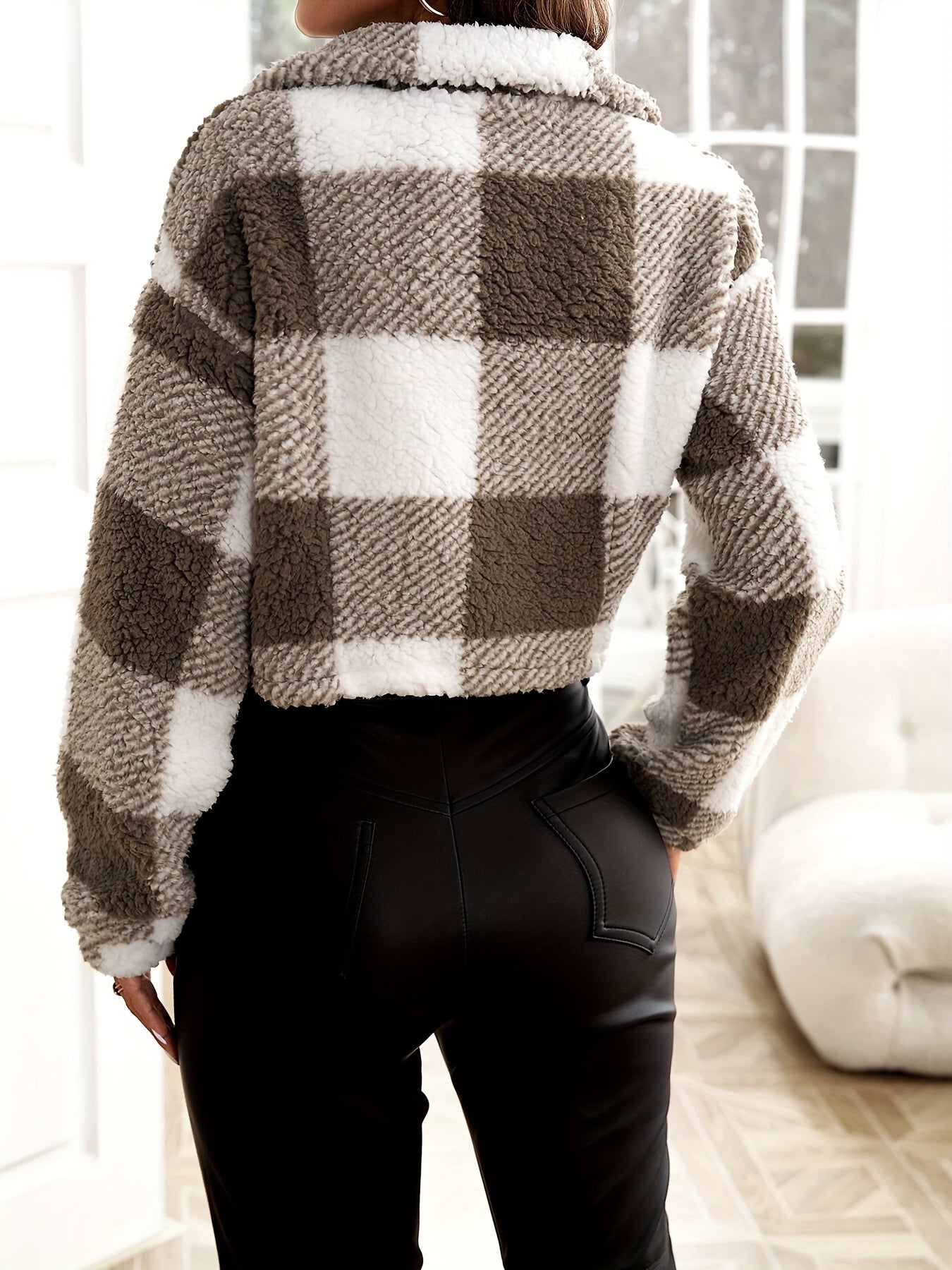 Antmvs Plaid Pattern Teddy Jacket, Casual Zip Up Long Sleeve Outerwear, Women's Clothing