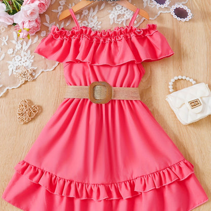 Charming Girls Solid Ruffle Trim Dress - Fashionable Belted Waist for Summer Parties & Holidays - Premium Quality, Comfortable, Ideal Gift