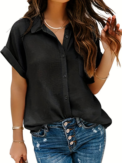 Antmvs  Solid Button Front Shirt, Casual Turn Down Collar Short Sleeve Shirts, Women's Clothing