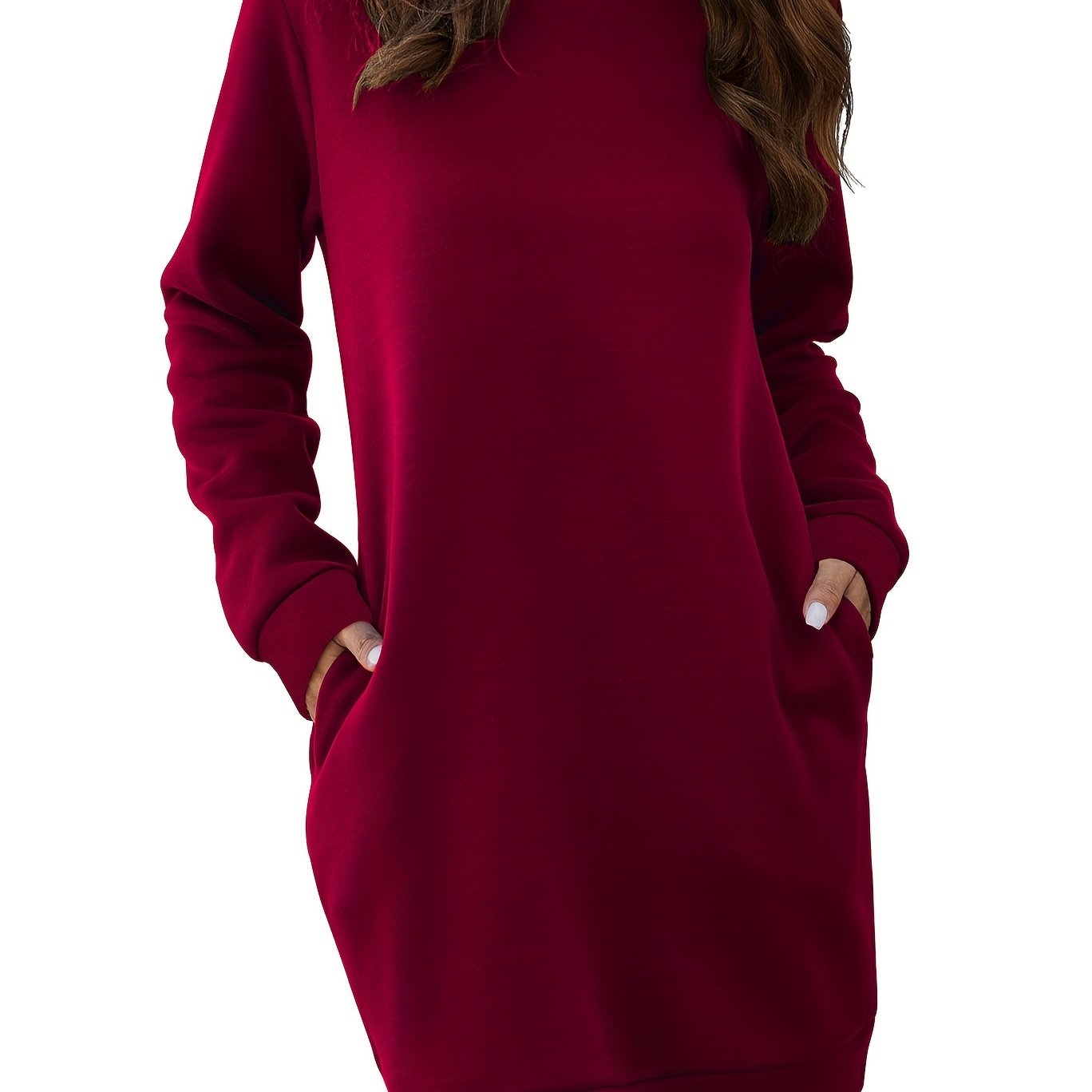 Antmvs Plus Size Long Sleeve Round Neck Tee Dress, Women's Plus Medium Stretch Elegant Tee Midi Dress