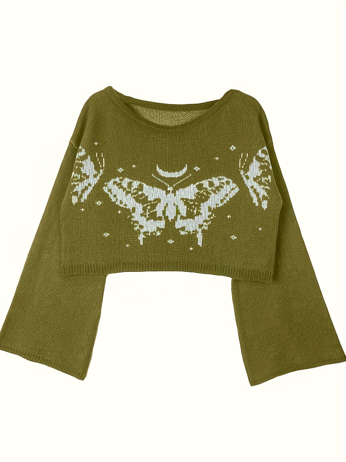 Antmvs Butterfly Pattern Crew Neck Knitted Top, Vintage Bell Sleeve Crop Sweater, Women's Clothing