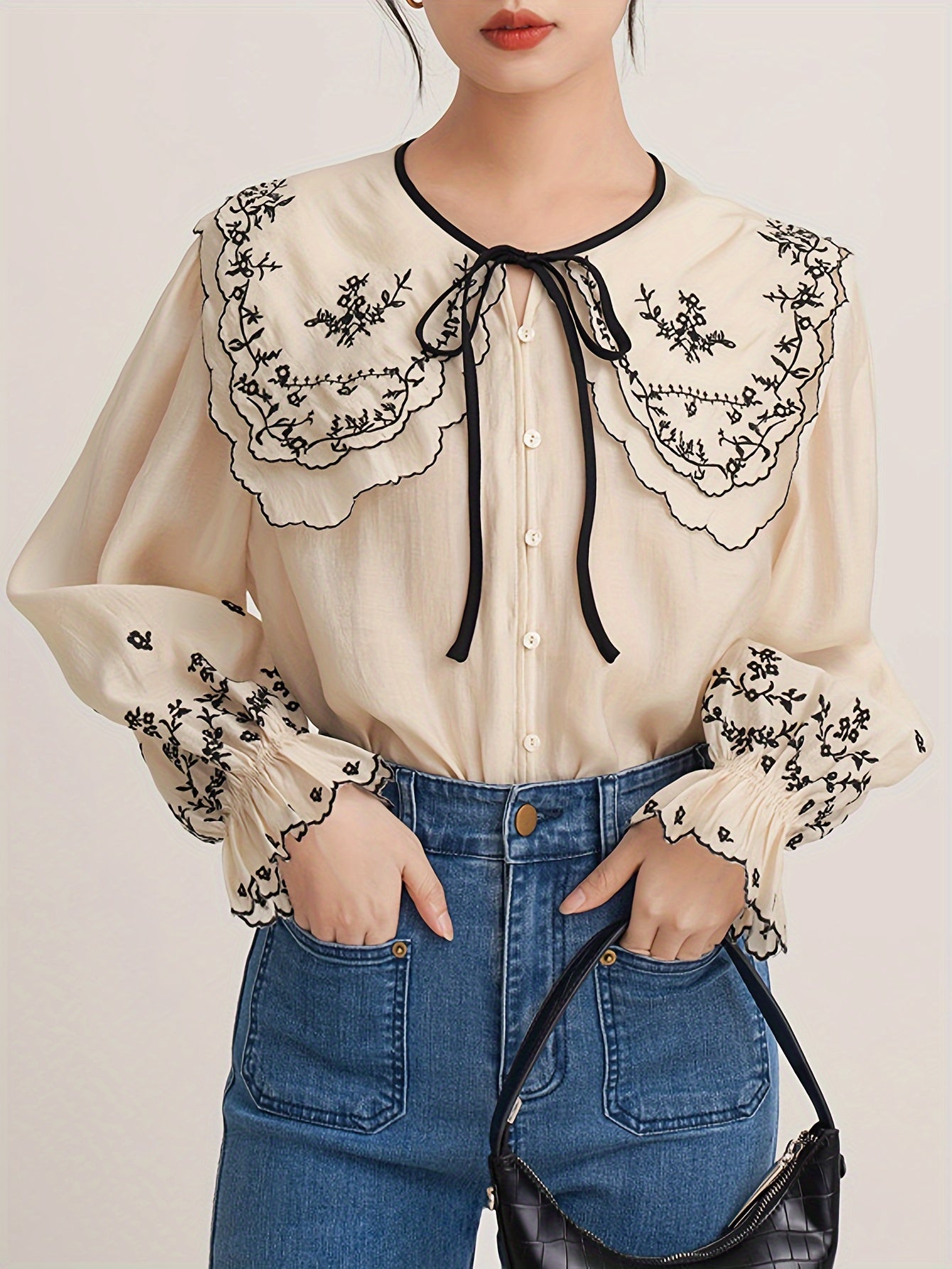 Antmvs Floral Embroidered Button Up Doll Collar Blouse, Long Sleeve Tie Neck Elegant Blouse, Women's Clothing