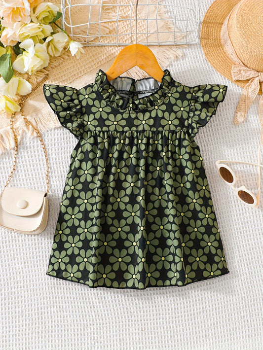 Olive Green Floral Girls Elegant Sleeveless Top - Delicate Ruffled Collar, Flutter Cap Sleeves, Beautiful Pleated Trim - Perfect for Summer Fashion and Outdoor Activities