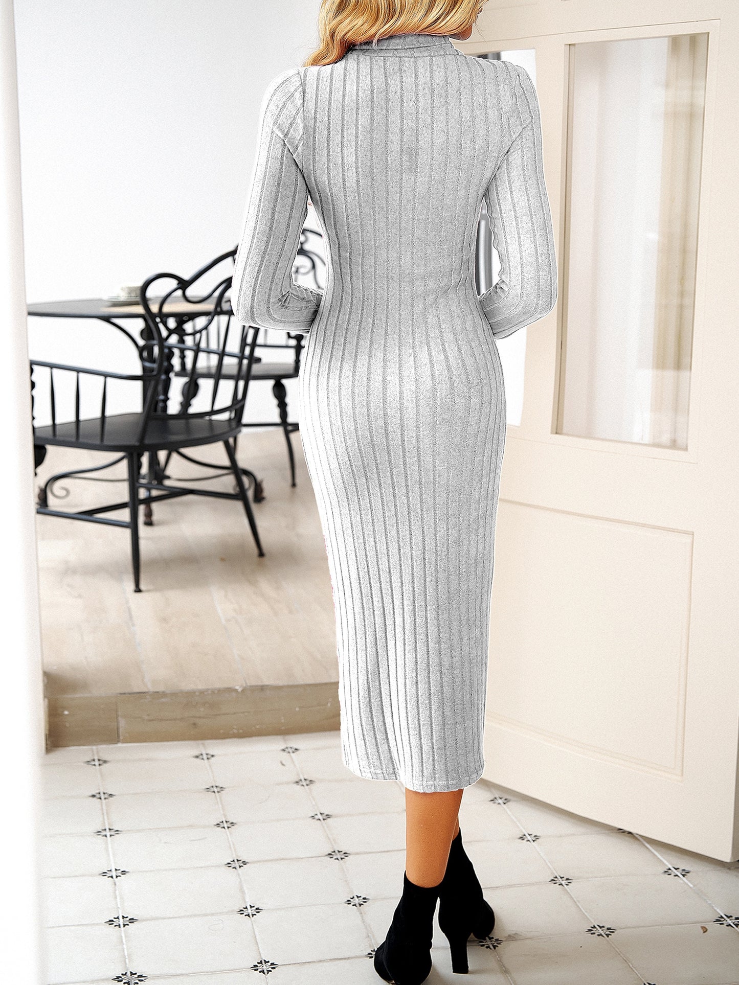 Antmvs Solid Ribbed Knit Long Sleeve Dress, Casual Turtle Neck Slim Dress For Fall & Winter, Women's Clothing