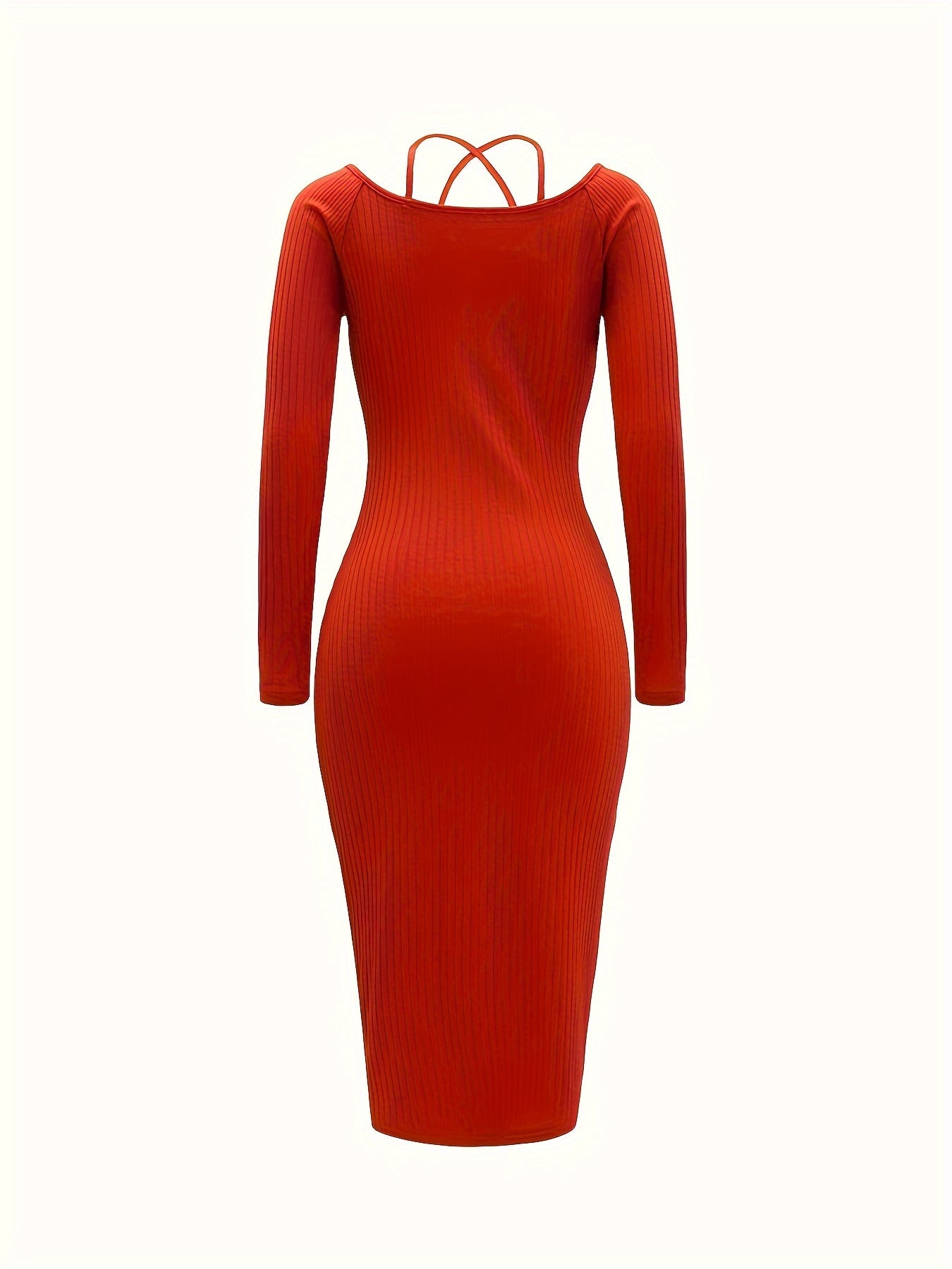 Antmvs Bodycon Ribbed Halter Neck Dress, Elegant Long Sleeve Dress, Women's Clothing