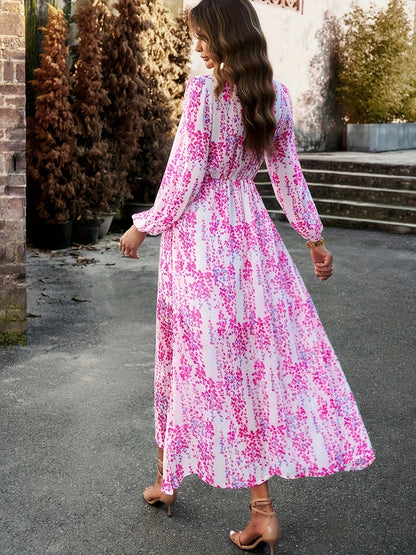 Antmvs Floral Print Maxi Dress, Casual V Neck Long Sleeve Dress, Women's Clothing