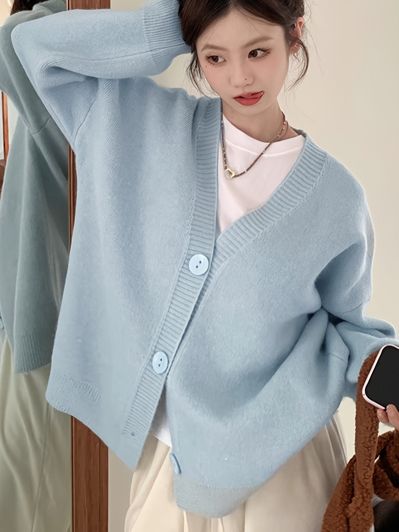 Antmvs Solid Button Front Cardigan, Casual Long Sleeve Drop Shoulder Outwear, Women's Clothing