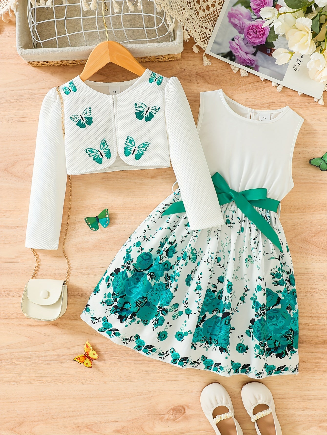 2pcs Little Girl Butterfly Dresses Outfit Floral Tank Dress And Graphic Cardigan Top Set, For Cute And Casual Look, Kids Clothing Gift