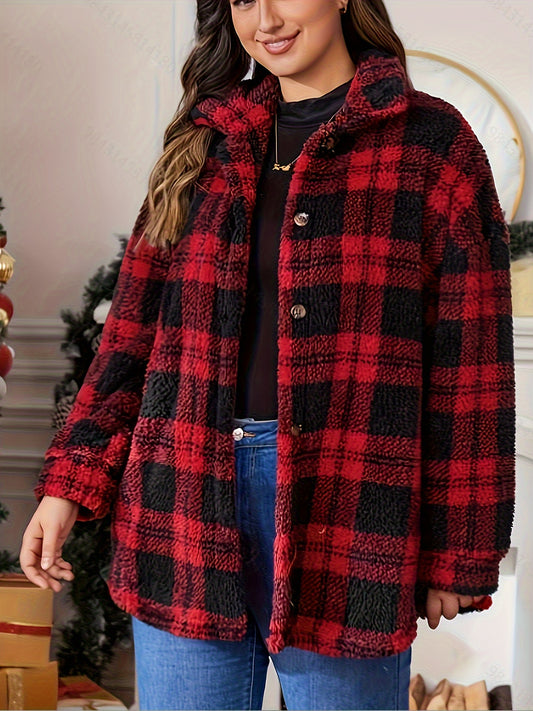 Antmvs Plus Size Casual Coat, Women's Plus Plaid Print Teddy Fleece Long Sleeve Button Up Lapel Collar Tunic Coat