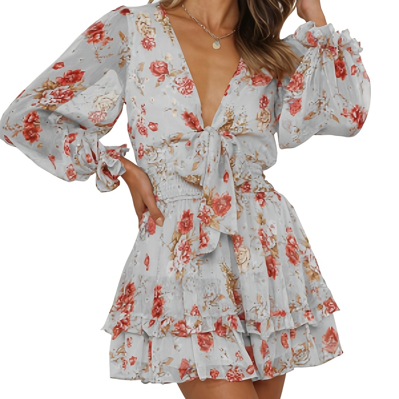 Antmvs Floral Print Layered Hem Dress, Elegant V-neck Shirred Waist Dress, Women's Clothing