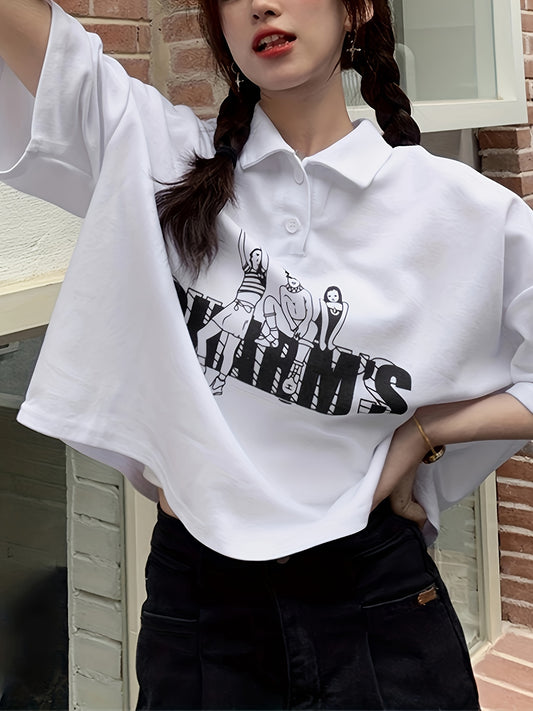 Antmvs Figure & Letter Print Button Front T-Shirt, Casual Short Sleeve Lapel T-Shirt For Spring & Summer, Women's Clothing