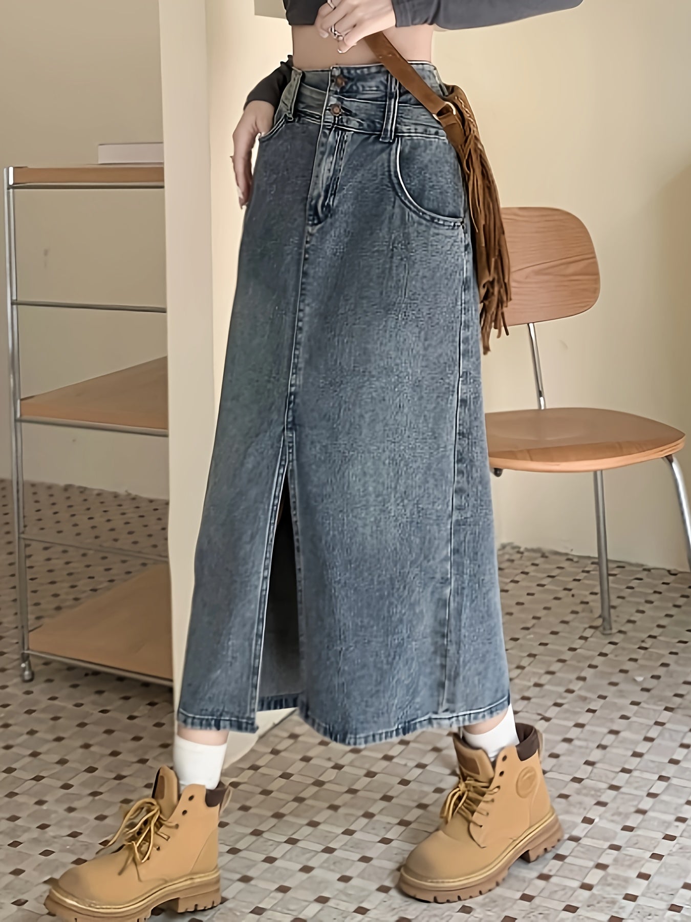 Antmvs Split Front Niche Design Denim Midi Skirt, Double Button High Waist A-line Fashion Denim Skirt, Women's Denim Clothing