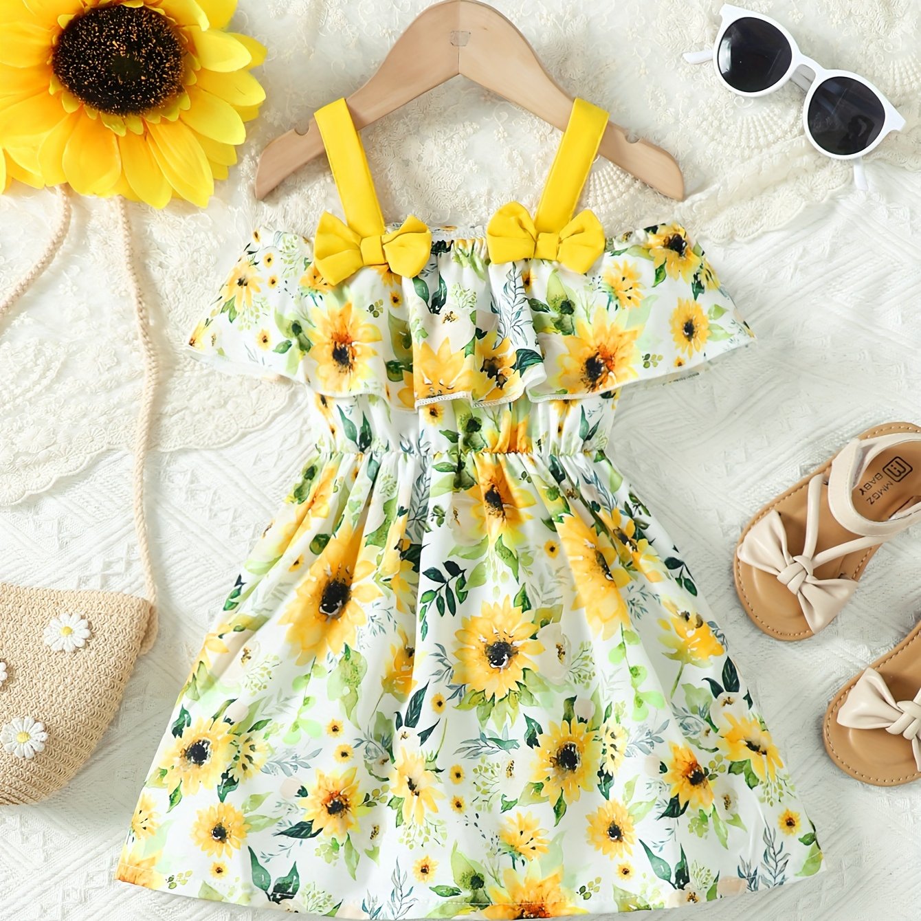 Infant & Toddler's Sunflower All-over Print Dress, Lovely Off-shoulder Dress, Baby Girl's Clothing For Summer