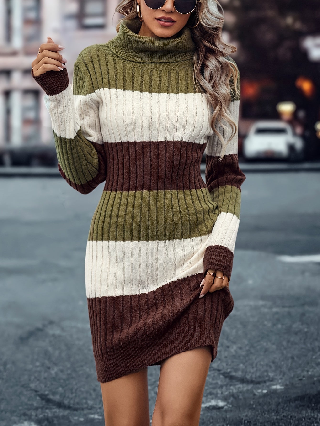 Antmvs Color Block Striped Sweater Dress, Casual Turtleneck Long Sleeve Dress, Women's Clothing