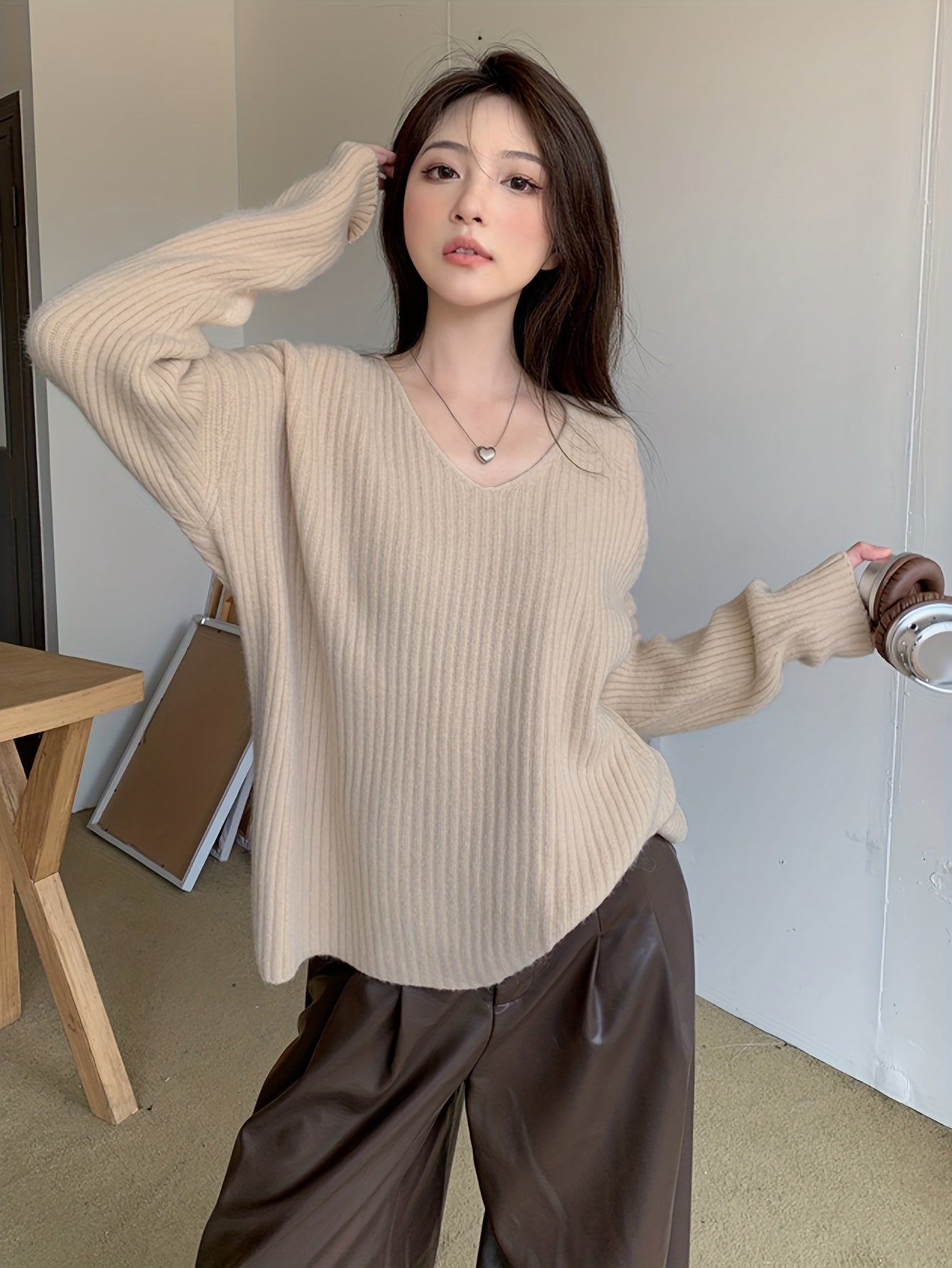 Antmvs Solid V Neck Pullover Sweater, Casual Long Sleeve Loose Slouchy Sweater, Women's Clothing