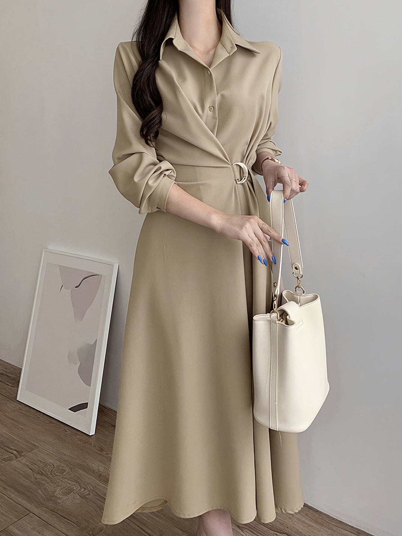 Antmvs A-line Button Front Dress, Elegant Long Sleeve Dress For Spring & Fall, Women's Clothing