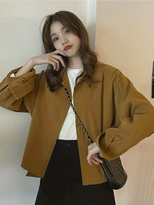 Antmvs Solid Polo Collar Button Blouse, Casual Long Sleeve Blouse For Spring & Fall, Women's Clothing