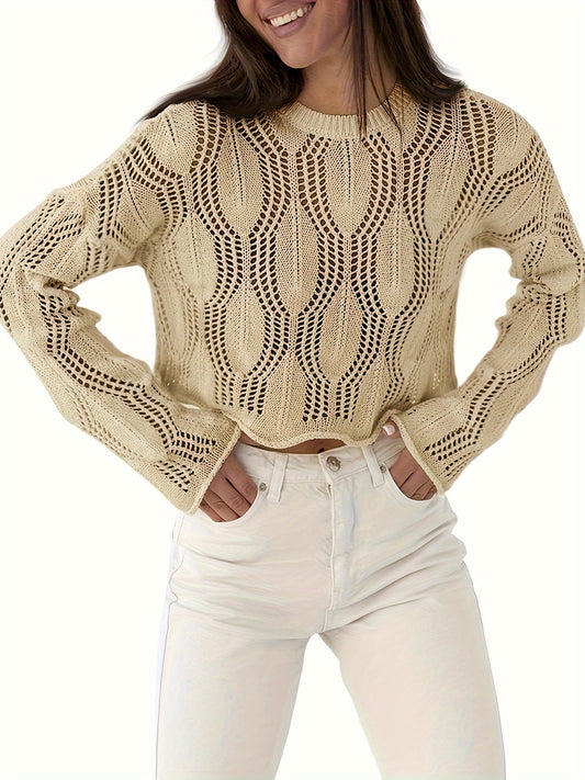 Antmvs Solid Crew Neck Knit Sweater, Casual Long Sleeve Pullover Sweater, Women's Clothing